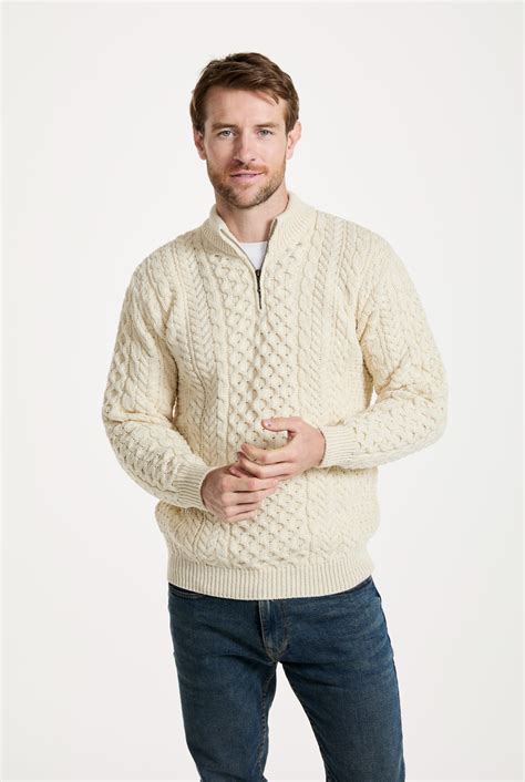 Ballycroy Mens Aran Half Zip Sweater - Cream