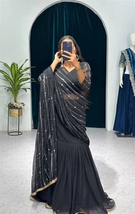 Buy Black Saree Style Lehenga With Sequence Work & Sweet Heart Neck ...