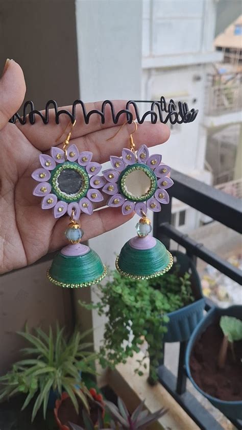 Taanvis Collections Handcrafted purple and Green Mirror Jhumka Earring ...