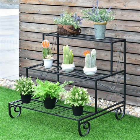 3 Tier Outdoor Metal Garden Planter Holder Shelf - Costway | Outdoor ...