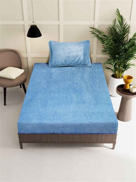 Klotthe Sky Blue Solid Woolen Fitted Single Bed Sheet with Pillow Cove ...