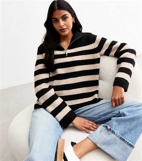 Black Striped Half-Zip Jumper | New Look