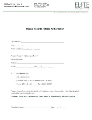 Fillable Online Medical Records Release Authorization - Elite Medical ...