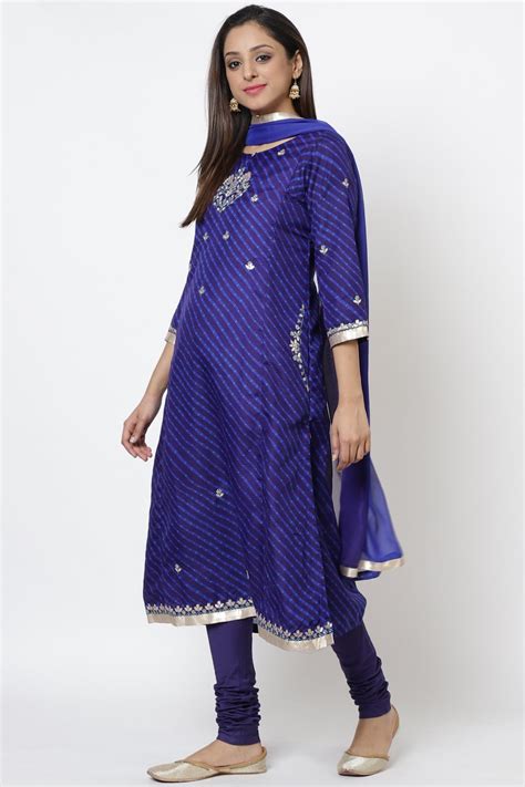 Blue Art Silk A-Line Kurta Churidar Suit Set at Biba India