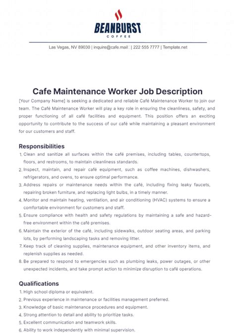 Free Cafe Maintenance Worker Job Description Template to Edit Online