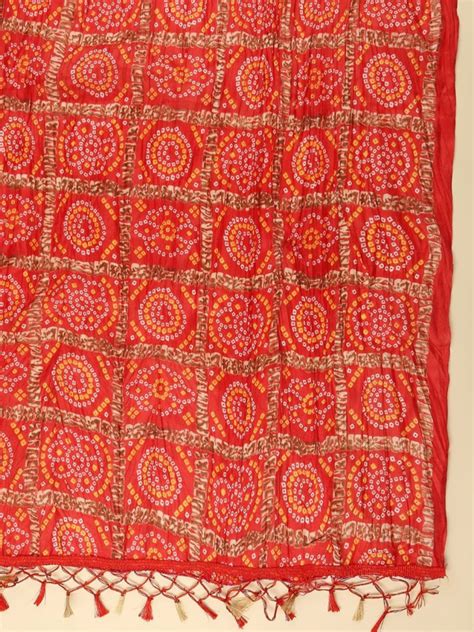 Men's Red Bandhini Printed Crushed Silk Blend Dupatta for Kurta/Sherwa ...