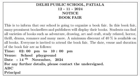 Draft a notice as a principal of the school informing the students ...