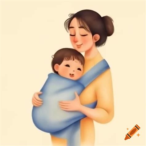 European mother cradling baby in wrap, sharing a joyful moment on Craiyon