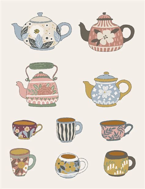 Hand Drawn Teacups and Teapots for Herbal Tea 77718983 Vector Art at ...