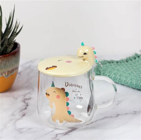Ceramic Transparent Dino Mug with Lid & Spoon – Dainty Little Shop