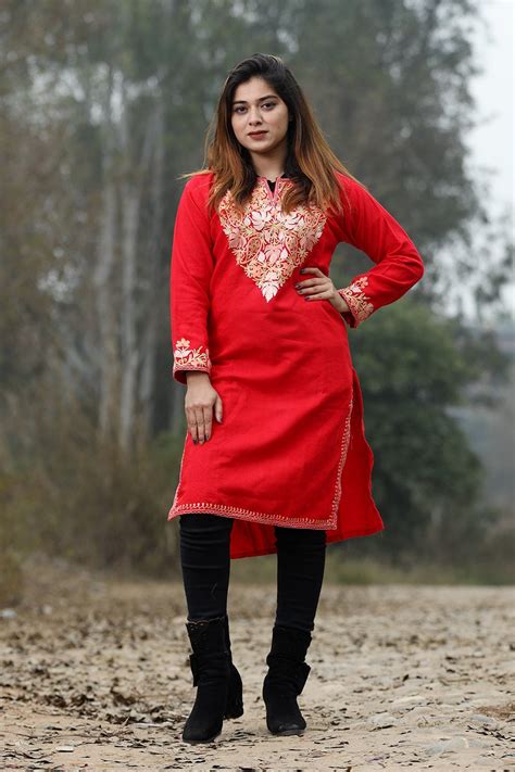 Traditional red color aari work embroidered kurti with new designer