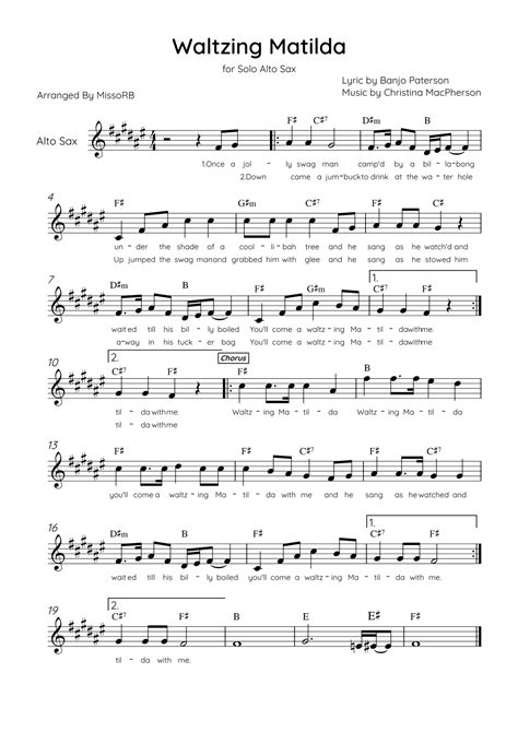 Waltzing Matilda - Alto Sax & Piano in A Major With Lyrics & Chords ...