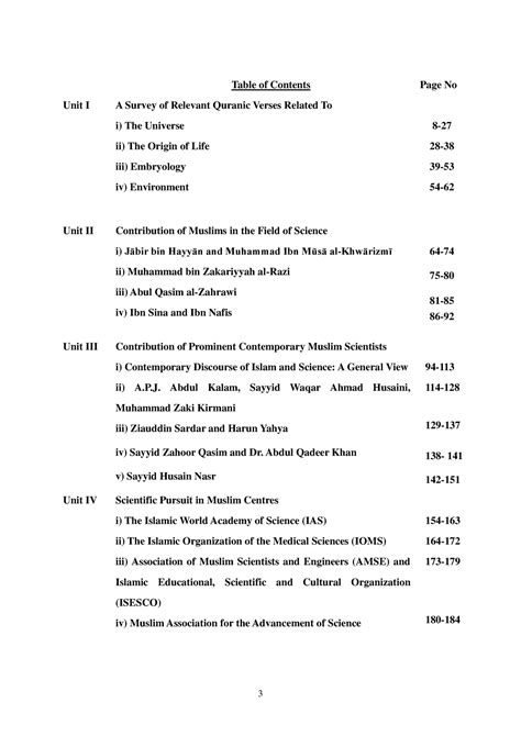 P.G 1 Islam AND Science - Table of Contents Page No Unit I A Survey of ...