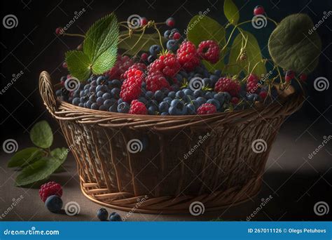 A Basket of Berries and Leaves on a Table with a Dark Background and a ...
