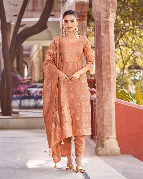Women's Rust Silk Blend Woven Design Kurta with Trouser & Woven Dupatt
