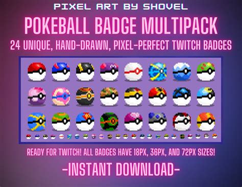 Buy 24 Pokeball Pixel Art Twitch Sub Badges 8 Bit Pokemon Poke Ball ...