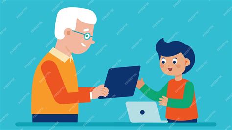 A child showing an elderly person how to use a modern technology device bridging the ...