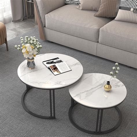 FATIVO Round Coffee Table Nest Tables - Nesting Coffee Table Set of 2 White Marble Sintered ... - nest of tables for living room