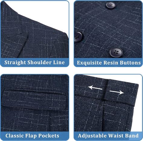 Buy JPF Men's 3 Piece Slim Fit Plaid Suit, Double Breasted Jacket Vest ...