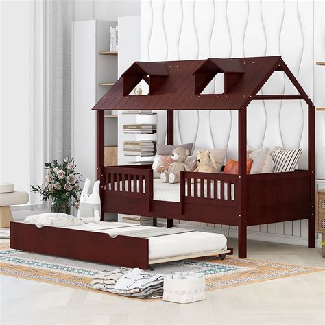 House Bed with Trundle & Fence Railings Twin Playhouse Beds Wood Kids ...