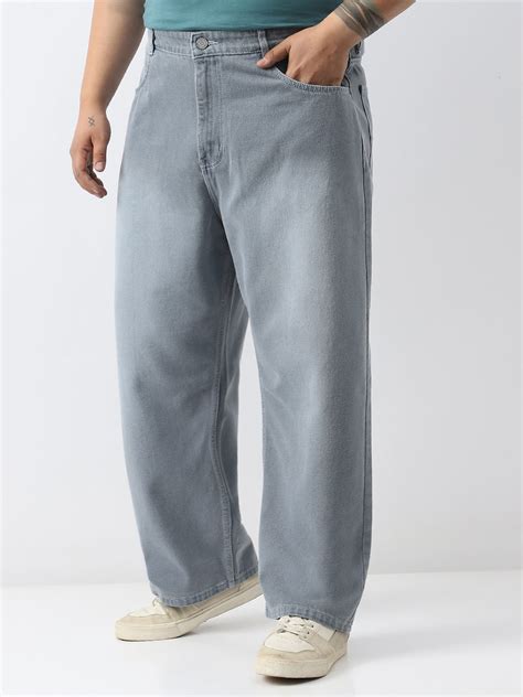 Plus Men's Light Grey Loose Baggy Fit Washed Jeans Non-Stretchable ...