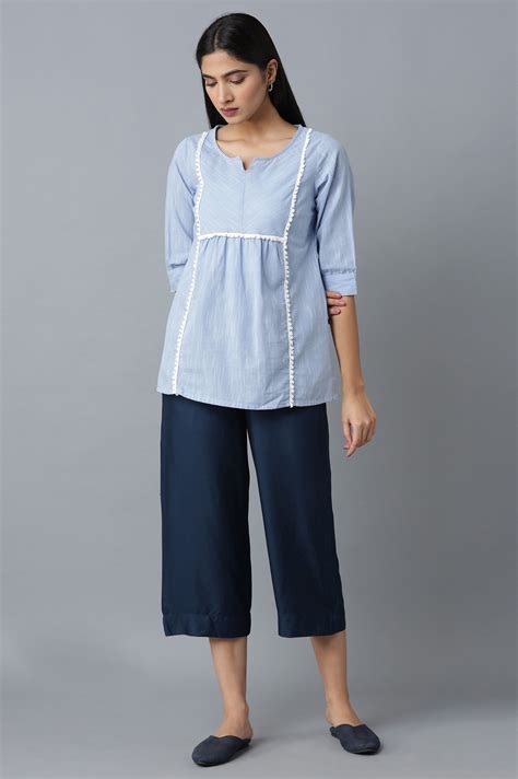 Buy Navy Blue Solid Straight Fit Cotton Culottes With Elasticated Waist ...