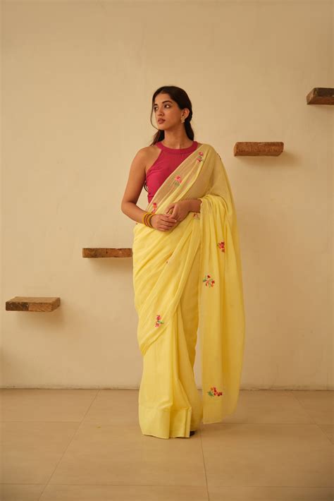 Yellow Floral Hand Embroidered Cotton Sari