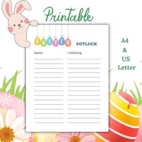 Easter Potluck Sign-up Sheet Printable, Easter Dinner Planner, Easter Party Food List, Easter ...