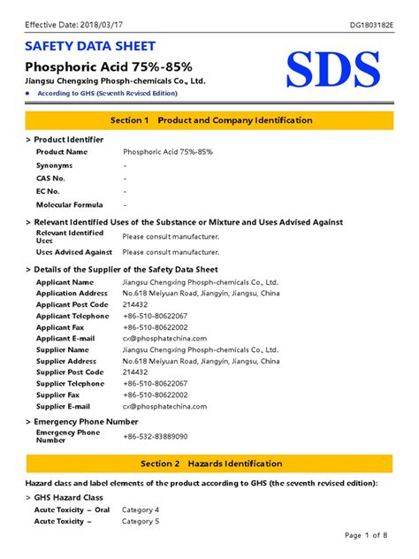 Phosphoric Acid 75%-85%: Safety Data Sheet | PDF | Toxicity | Breathing