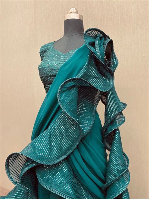 Party Wear Green Ruffle Reay to Wear Lehenga Saree – Ville Fashions