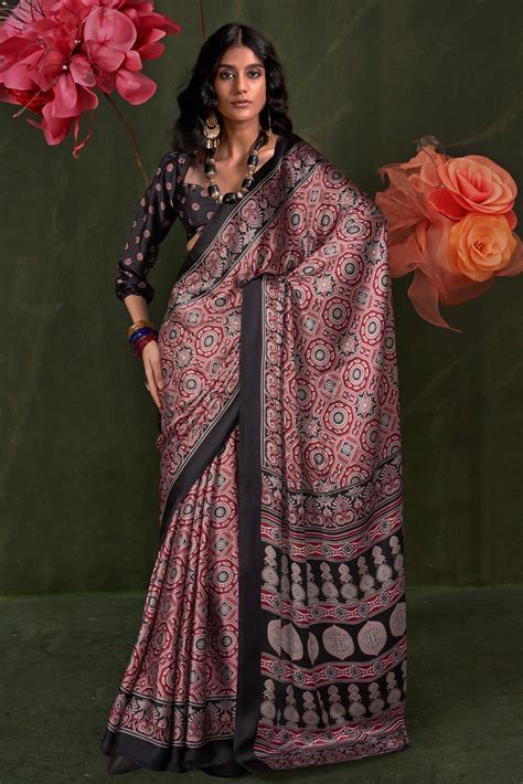 Buy Currant Maroon and Black Ajrakh Printed Satin Crepe Silk Saree ...