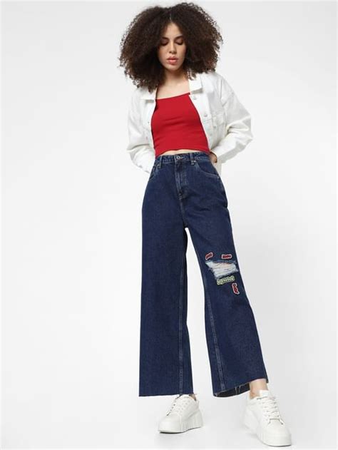 Buy Blue High Rise Patch Print Flared Jeans For Women Online - ONLY