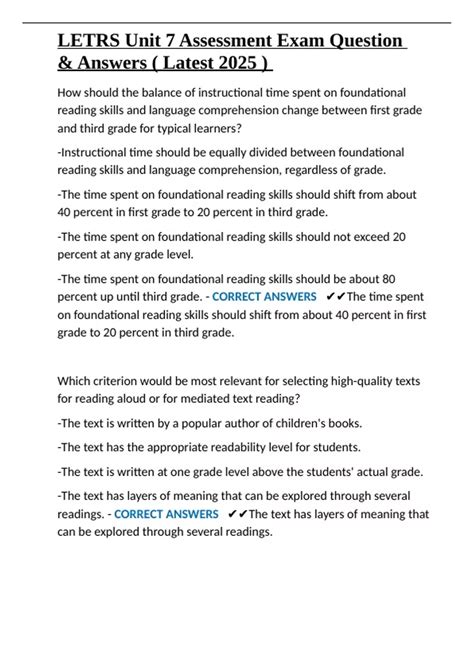 LETRS Unit 7 Assessment Exam Question & Answers ( Latest 2025 ).docx ...