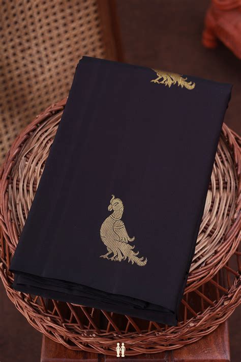 Kanchipuram Silk Saree In Black With Peacock Buttas