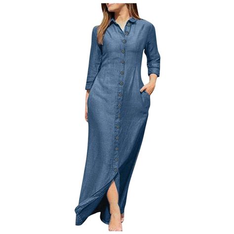 Womens Long Sleeve Denim Dress Casual Button Down Shirt Dress Loose Fit ...