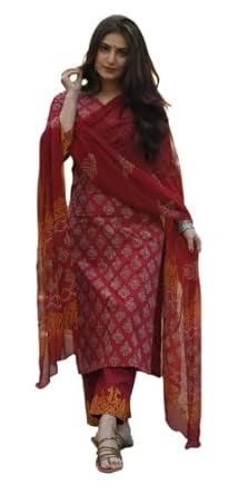Buy KLOSIA Women Maroon Block Printed Kurta And Pant With Dupatta Set ...