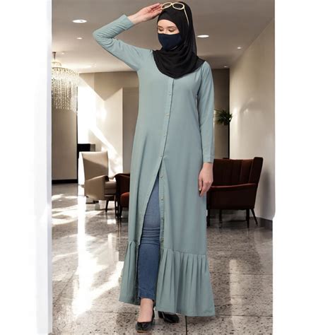 Front Open Abaya In Firdaus Fabric With Frilled Hem and Wooden Buttons ...