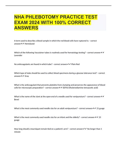NHA PHLEBOTOMY PRACTICE TEST EXAM 2024 WITH 100% CORRECT ANSWERS - NHA ...