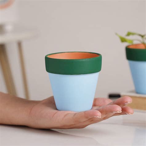 Green Rim Sky Blue Mini Pot Set Of 4 Online - Premium Planter | Nestasia