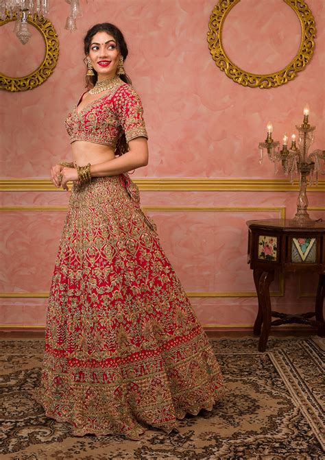 Buy Red Zardosi Velvet Readymade Lehenga - Koskii