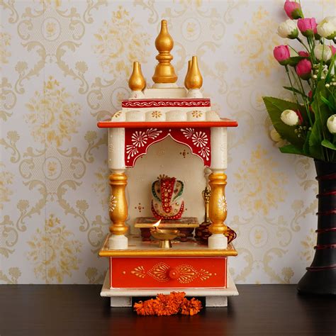 White, Red and Golden Mango Wood Pooja Temple/Mandir with Storage ...