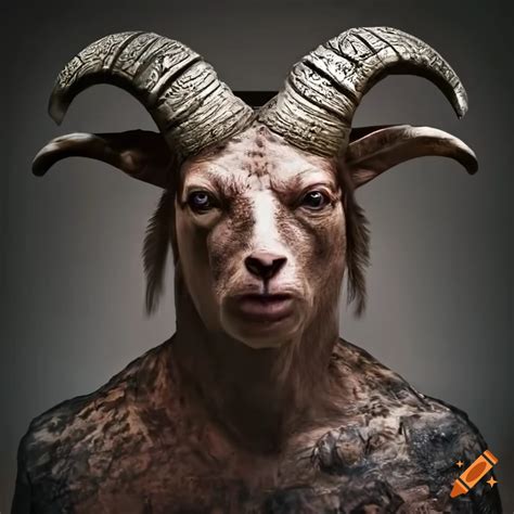 Muscular half-man half-goat with spirals and horns in a cinematic ...