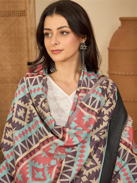 Women Multicoloured Woven Design Geometric Stole - Signet Scarves