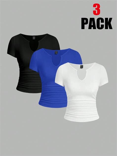 SHEIN EZwear Women's Solid Color V-Neck Short Sleeve Fitted Casual Top ...