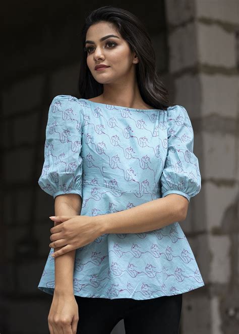 Get Lantern Sleeve Detail Girl Face Printed Blue Fit & Flare Top at ...