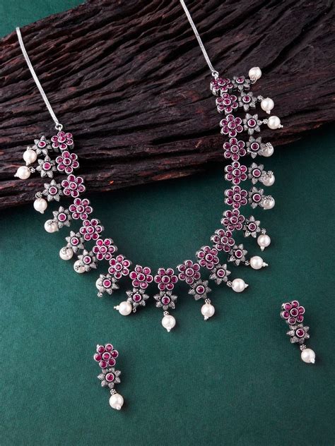 Shop Rubans Oxidised Silver Plated Embellished With Faux Ruby Floral ...