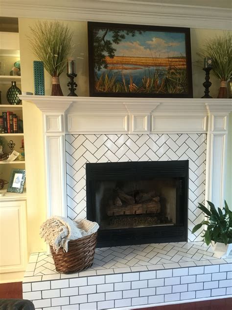 Herringbone pattern subway tile fireplace hearth and surround update ...