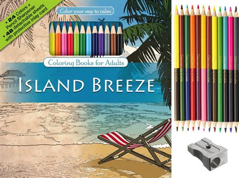 Island Breeze Adult Coloring Book Set With 24 Colored Pencils And ...