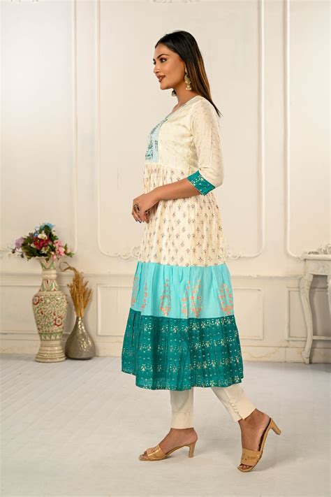 Cream and Blue Cotton Kurtis with Handprint and Light Embroidery – jivora