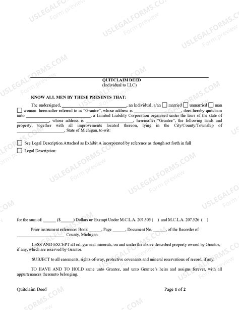 Michigan Quitclaim Deed from Individual to LLC - Quitclaim Deed ...